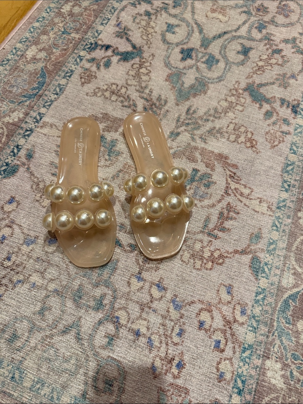 Chinese Laundry Metallic Gold Pearl-Trim Slide Sandals